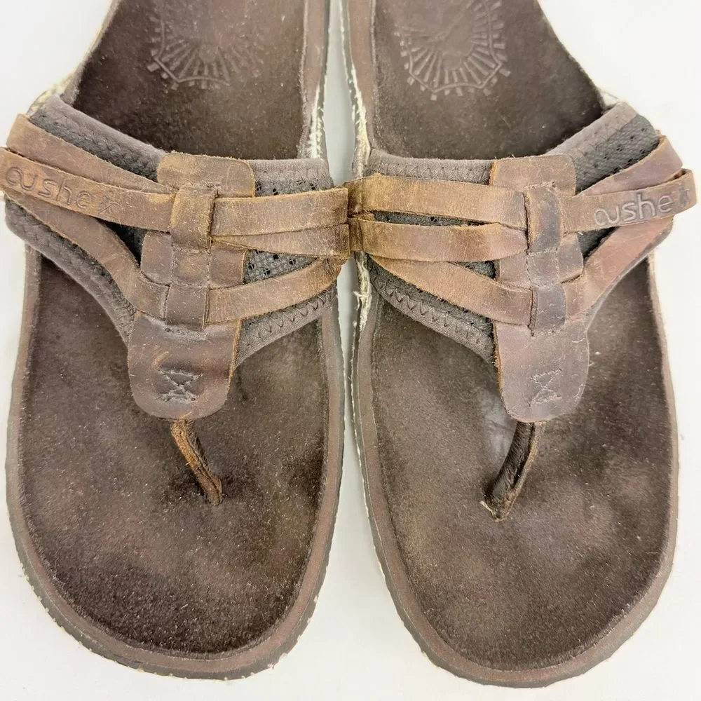 Cushe MANUKA Brown Leather Woven Upper Thong Toe Slip on Flipflop Sandals